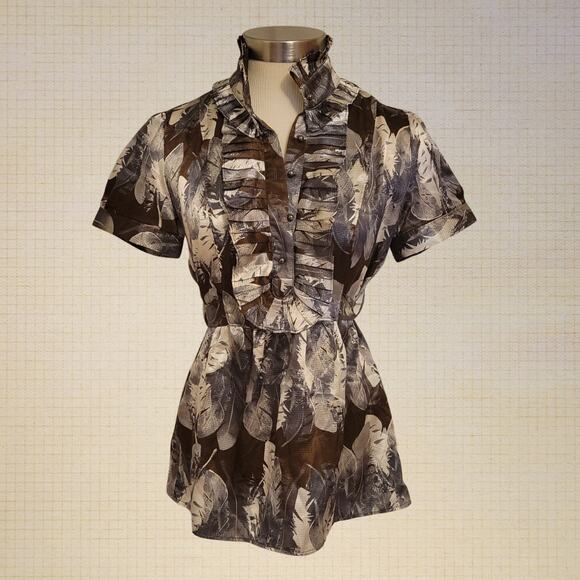 New York & Company Floral Blouse XS Brown Tie Waist Button Up y2k - Picture 1 of 6